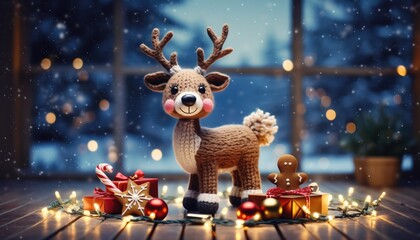 Adorable knitted reindeer toy standing on wooden table with Christmas gifts and lights, warm cozy festive holiday decoration