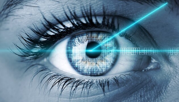Futuristic biometric eye scan with blue laser grid overlay on human iris for secure digital identity verification, cyber security concept