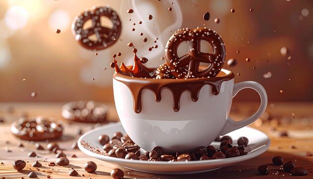Pretzel Delight: A warm cup of rich hot chocolate is artfully adorned with pretzels