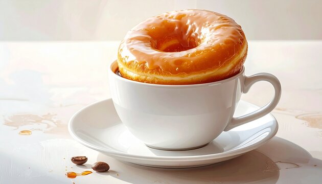 Donut and Coffee: A delectable donut rests atop a steaming cup of coffee, creating a mouthwatering visual of indulgence. Featuring a glazed donut atop coffee and some coffee beans.  - Powered by Adobe