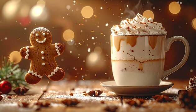 Winter's Delight: A festive scene unfolds, with a cheerful gingerbread man hovering near a steaming mug of hot cocoa topped with fluffy whipped cream, evoking warmth and holiday cheer. - Powered by Adobe