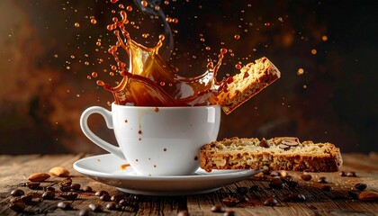 Coffee Splash and Cookie Moment: A captivating photograph freezes the moment a rich coffee bursts from a pristine white cup, accompanied by a delectable cookie. The play of light and shadow.