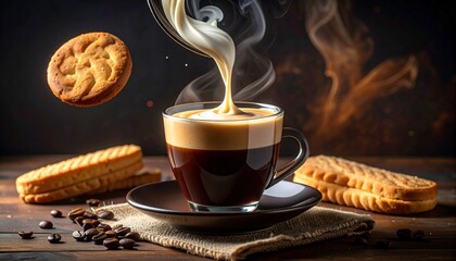 Morning Coffee Delight: A steaming cup of rich coffee, with a swirl of cream cascading into the brew. Accompanied by delicious cookies, creating a perfect moment.
