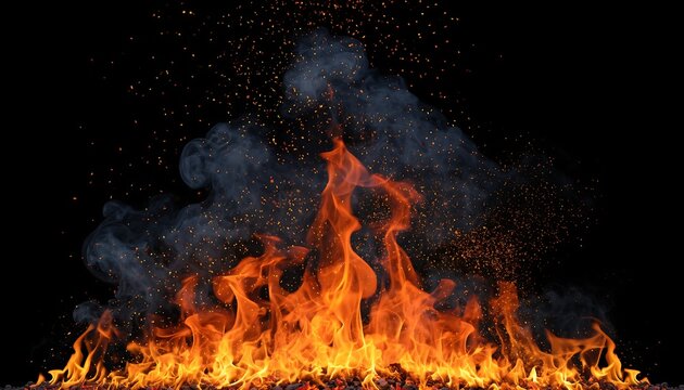Intense burning flames with flying sparks and heat against dark black background, isolated fire texture for design overlay