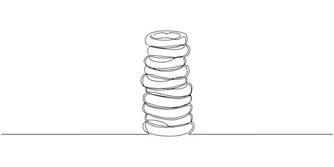 Continuous one line of onion rings stacked to form a tower, representing crispy pleasure, hand drawn vector illustration.