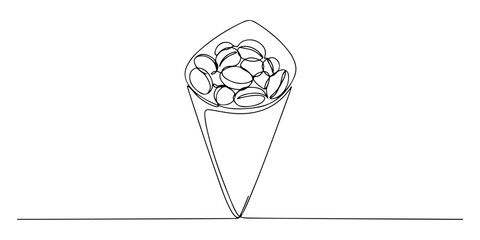Continuous one line of roasted peanut cone, representing a crunchy and easy to carry snack, hand drawn vector illustration.