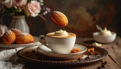 Fototapeta premium Delicious Espresso with Madeleines: A captivating composition features a steaming espresso, crowned with whipped cream, accompanied by a selection of delicate madeleines.