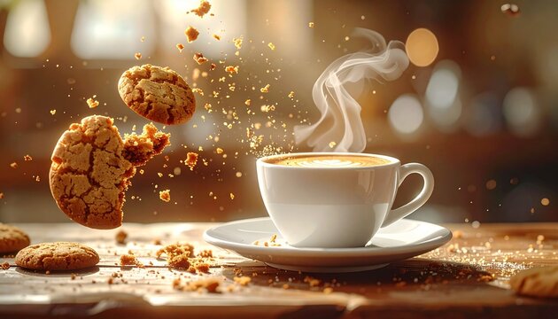 Coffee and Biscuit moment: A steaming cup of coffee is the centerpiece, with biscuits flying and creating a warm, inviting image, perfect for evoking a sense of calm and enjoyment.