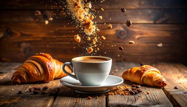 Morning Delight: A steaming cup of coffee and fresh pastries against a rustic wooden backdrop evoke a sense of warmth and inviting comfort.