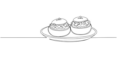 Continuous one line of a pair of stuffed mushrooms on a small bowl, symbolizing savory bite and elegance, hand drawn vector illustration.