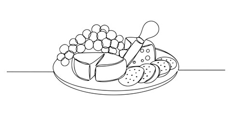 Continuous one line of cheese plate with grapes and crackers, symbolizing gourmet snacks and sophistication, hand drawn vector illustration.