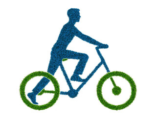 Fototapeta premium Eco friendly blue silhouette of person riding bicycle with green grass texture wheels, symbolizing sustainable transportation and healthy lifestyle choices