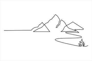 Minimalist hand drawn mountain scene on white