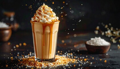 Delicious Caramel drink: A close-up shot of a luxurious drink, showcasing the swirl of caramel syrup and whipped cream against a backdrop of tantalizing details.