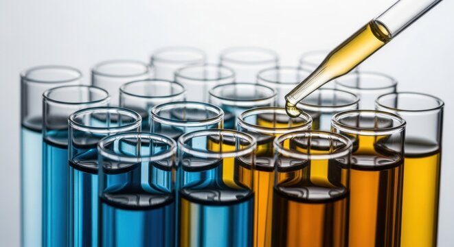 Chemical Reaction: Pipette Dropping Yellow Liquid into Test Tubes with Blue and Yellow Solutions