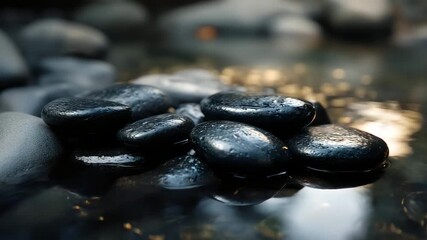 Dark smooth stones under clear flowing stream, peaceful close-up with meditative lighting, spa and relaxation concept - Powered by Adobe
