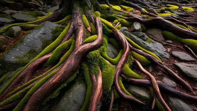 Tree root with moss rocky forest floor creating natural texture and earthy tone serene nature environment showcasing forest floor