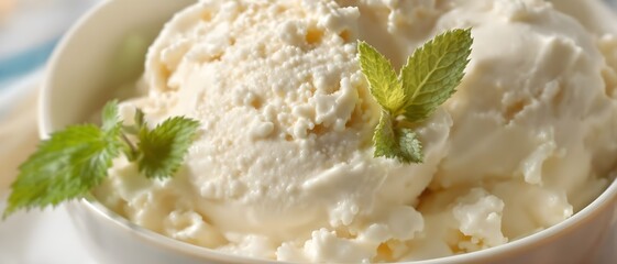 Delicious creamy vanilla ice cream served in a white bowl, garnished with fresh green mint leaves. High-quality close-up shot with natural lighting and appetizing presentation.