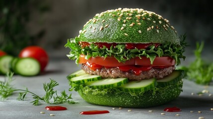 Innovative burger with green vegetable bun, filled with fresh ingredients like lettuce, tomatoes, and pickles, garnished with ketchup, highlighting creative food presentation