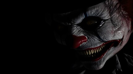 Obraz premium A terrifying horror clown emerging from deep shadows with a sinister grin and dramatic lighting.