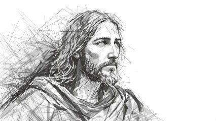 Elegant hand-drawn pencil sketch of Jesus Christ with long hair and compassionate expression, with copy space for inspirational text or design elements