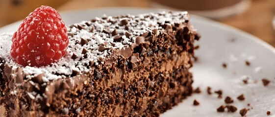 Slice of chocolate cake topped with a fresh raspberry and dusted with powdered sugar