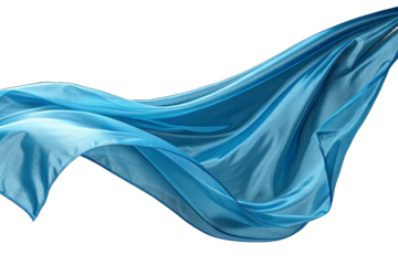 Silk's lustrous light blue fabric flutters in the breeze against a transparent background. Composition material. Already cut out.