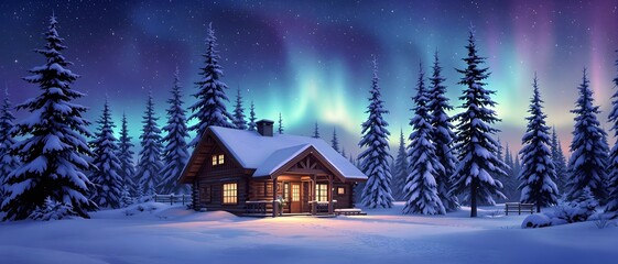 A cozy wooden cabin surrounded by snowy pine trees under the northern lights.