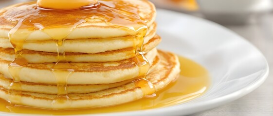 Delicious stack of pancakes with butter and maple syrup on white plate