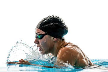 Side profile close-up of a female swimmer breathing while performing the breaststroke.