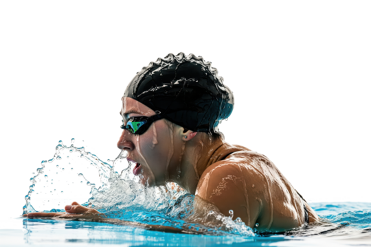 Side profile close-up of a female swimmer breathing while performing the breaststroke. - Powered by Adobe