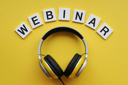 Webinar online conference virtual meeting headphones yellow background concept
