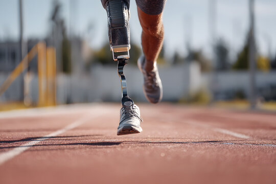 Running on the track, an athlete with a prosthetic leg trains under a bright sky during an athletic event