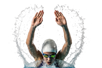Female swimmer performing the backstroke, looking at the camera while creating a water splash.