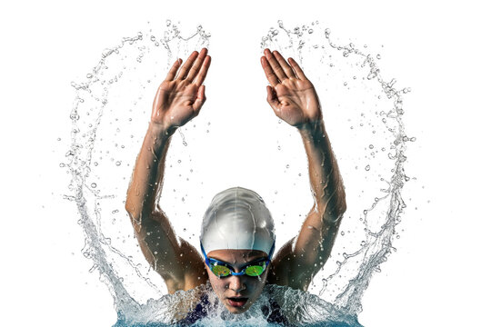 Female swimmer performing the backstroke, looking at the camera while creating a water splash. - Powered by Adobe