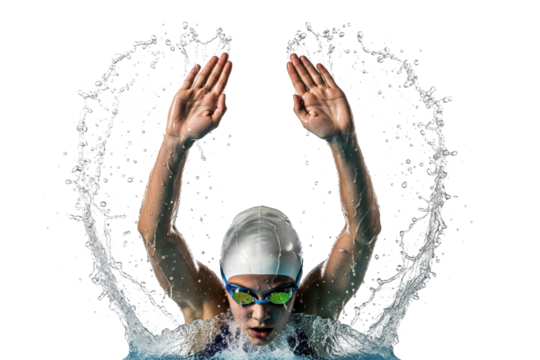 Female swimmer performing the backstroke, looking at the camera while creating a water splash.