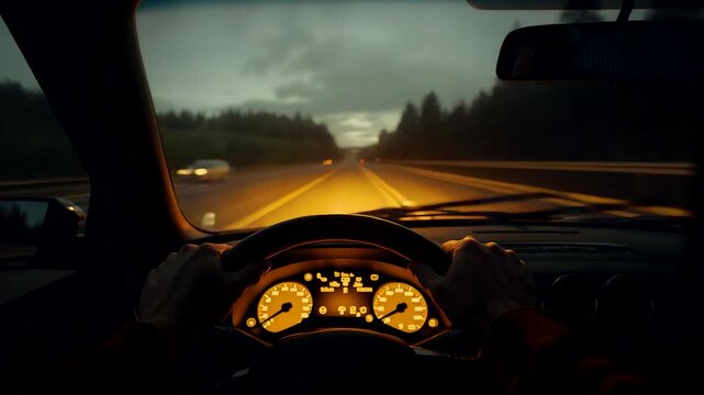 Driver holding steering wheel on highway at night with glowing dashboard lights and road illuminated by car headlights under dark sky