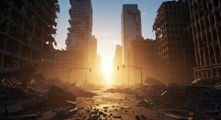 Apocalyptic City at Sunrise: An evocative scene of an urban landscape devastated by destruction. The towering skyscrapers stand as stark monuments amidst the rubble.