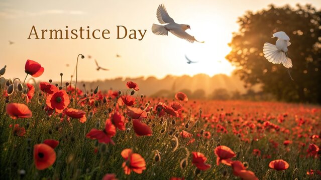 Armistice Day, Luminous Poppy Field At Sunrise Honoring Memory Sacrifice Peace Hope And Unity.
