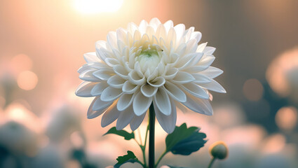Cinematic romantic close-up of a white chrysanthemum or dahlia with delicate layered petals and a soft vintage glow, centered in the frame against a blurred warm background, capturing serene elegance 
