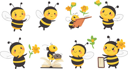 Fototapeta premium A cartoon vector illustration set of cute bees and honey with flower icons for summer design