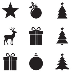 Black Christmas Silhouettes and Icons: Star, Reindeer, Tree, Ornament, and Gift Box Vector Set