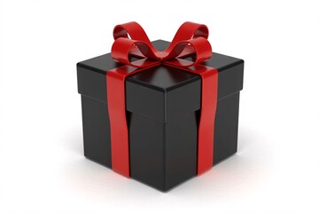 Isolated black gift box with red ribbon for birthday present and celebration