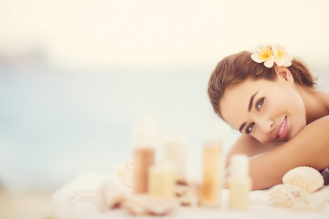 Relaxed woman enjoying massage at spa with blurred beach and sea in the background. Wellness and relaxation concept with copy space.