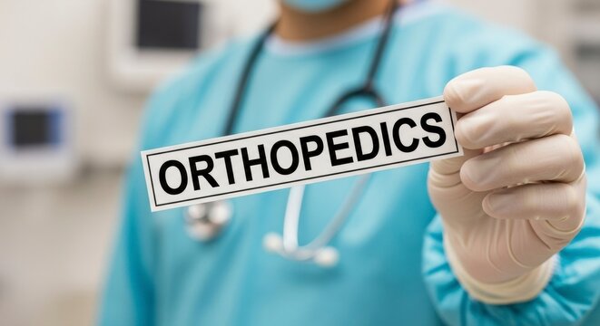 Medical Specialist with Orthopedics Sign: A dedicated medical specialist, dressed in professional attire, confidently displays a sign highlighting the field of orthopedics.