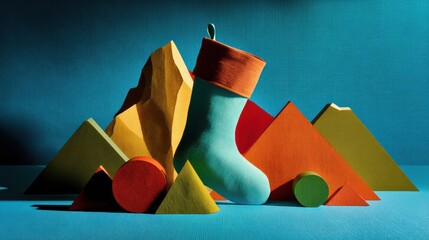 Christmas stocking upright with cardboard shapes