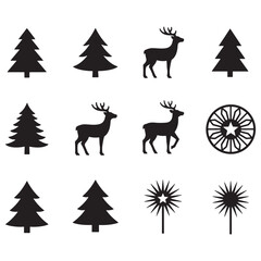 Christmas Tree and Reindeer Silhouette Vector Set: Festive Pine and Deer Cutout Graphics