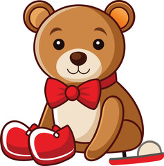 brown teddy bear with red scarf sitting position
