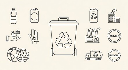 Comprehensive set of line art icons illustrating the complete recycling process, waste management, and sustainable environmental practices for a cleaner planet