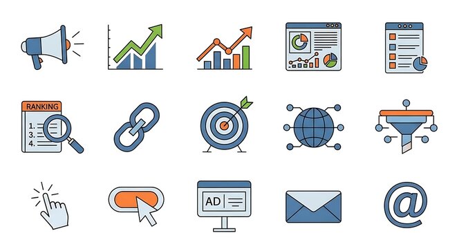 Digital marketing and online advertising icons representing analytics, SEO, and campaign management tools